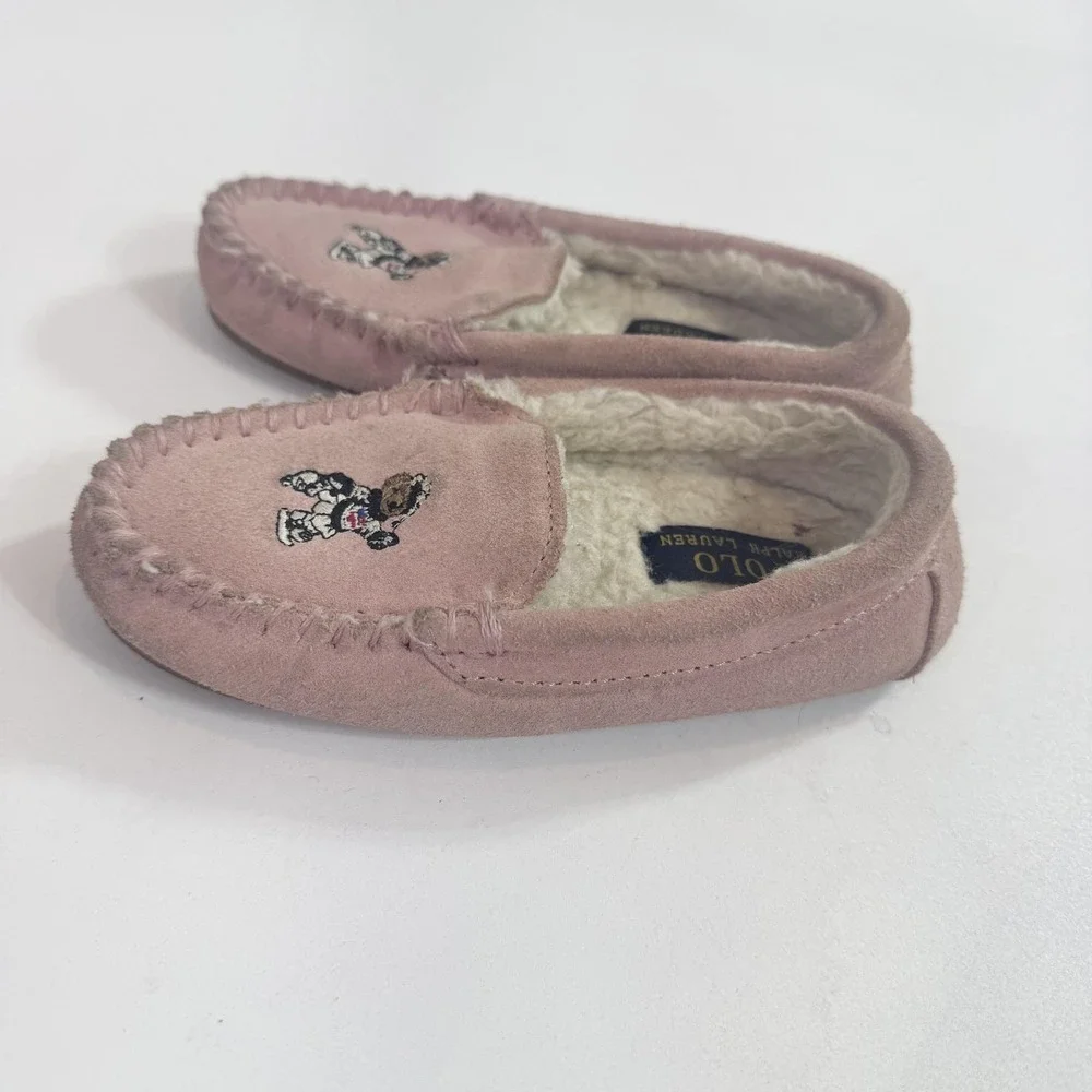 Polo Ralph Lauren Slippers Girls 11 Pink Suede Moccasin Polo Bear Cozy Lined